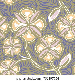 beautiful hand drawn vector, vintage style, seamless floral pattern with stylized flowers, dots, lines and leaves. great for tile, pottery works, packaging paper, wedding invitation card and etc.