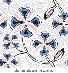 beautiful hand drawn vector, vintage style, seamless floral pattern with stylized flowers, dots, lines and leaves. great for tile, pottery works, packaging paper, wedding invitation card and etc.