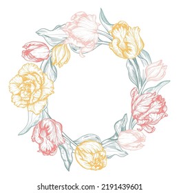 Hermosa corona vectorial dibujada a mano con flores de tulipán en suave paleta.