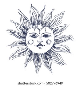 Beautiful hand drawn vintage sun. Bohemial, tribal, rustic style. Sun tattoo. Isolated on white background