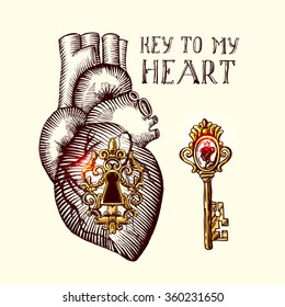 Beautiful hand drawn vintage vector illustration key to my heart