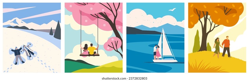 Beautiful hand drawn wallpapers, cards or posters collection with landscapes in four seasons seasons. Loving couples and their romantic pastime outdoors. Set of flat vector illustrations svg