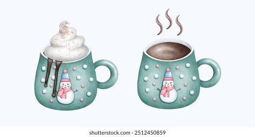 A beautiful hand drawn watercolor Christmas mug illustration with a warm . The soft colors and cozy design evoke the holiday spirit, perfect for artistic expressions and winter decor.