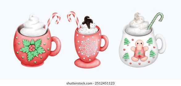 A beautiful hand drawn watercolor Christmas mug illustration with a warm . The soft colors and cozy design evoke the holiday spirit, perfect for artistic expressions and winter decor.