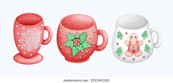 A beautiful hand drawn watercolor Christmas mug illustration with a warm. The soft colors and cozy design evoke the holiday spirit, perfect for artistic expressions and winter decor.