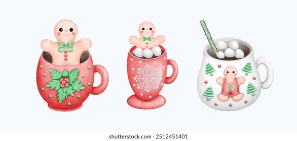 A beautiful hand drawn watercolor Christmas mug illustration with a warm. The soft colors and cozy design evoke the holiday spirit, perfect for artistic expressions and winter decor.