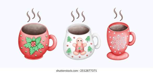 A beautiful hand drawn watercolor Christmas mug illustration with a warm. The soft colors and cozy design evoke the holiday spirit, perfect for artistic expressions and winter decor.