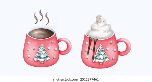 A beautiful hand drawn watercolor Christmas mug illustration with a warm. The soft colors and cozy design evoke the holiday spirit, perfect for artistic expressions and winter decor.