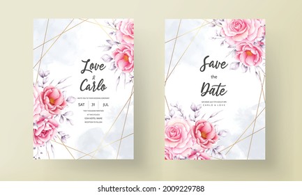 Beautiful hand drawn watercolor flower wedding invitation card	
