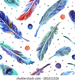 Beautiful hand drawn watercolor seampless pattern feather for your design