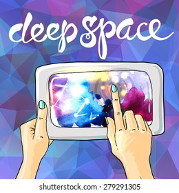 Beautiful hand drawn watercolor space on tablet for your design