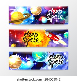 Beautiful hand drawn watercolor space banners for your design