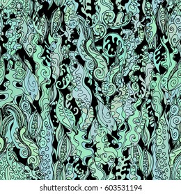 Beautiful Hand drawn wave seamless pattern Green blue turquoise on black background contour sketch modern abstract card ornament, banner design. Vector