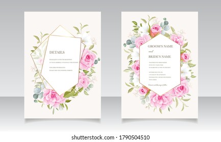 Beautiful hand drawn wedding card template with floral bouquet and border decoration