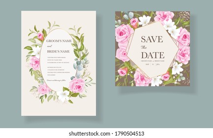 Beautiful hand drawn wedding card template with floral bouquet and border decoration