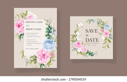 Beautiful hand drawn wedding card template with floral bouquet and border decoration