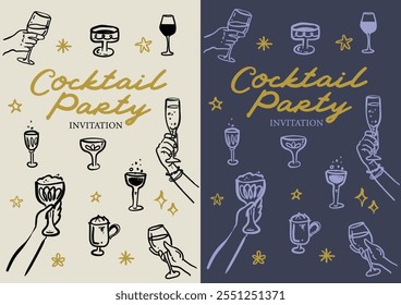 Beautiful hand drawn whimsical style vector Cocktail Party invitation templates 