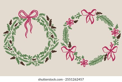 Beautiful hand drawn whimsical style vector Christmas decorative wreaths set