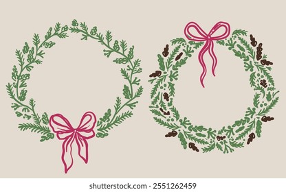 Beautiful hand drawn whimsical style vector Christmas decorative wreaths set