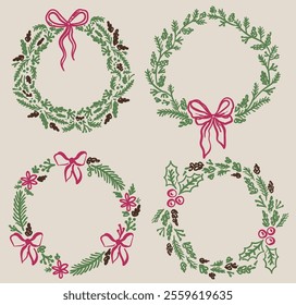 Beautiful hand drawn whimsical style vector Christmas decorative wreaths set
