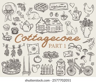 Beautiful hand drawn whimsical style cottagecore vector set illustration