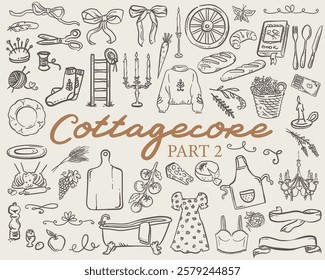 Beautiful hand drawn whimsical style cottagecore vector set illustration