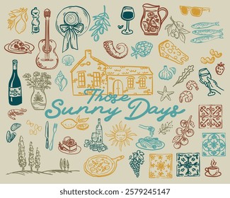 Beautiful hand drawn, whimsical style Italian Summer vector illustration Set. Those Sunny Days