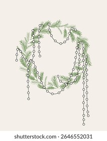 Beautiful hand drawn whimsical style Christmas wreath. Contemporary minimalist line art. Coquette ink winter design. Vector graphic. Festive vector design for holiday wrapping paper