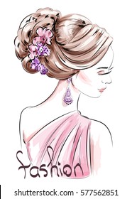 Beautiful hand drawn woman with cute hairstyle. Sketch. Fashion illustration.