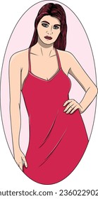 Beautiful hand drawn Woman Vector Illustration Isolated in a White background, Digital Drawing of Pretty Lady Standing, A Girl wearing Dark Pink Dress 