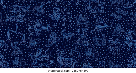Beautiful hand drawn zodiag symbols in medieval style with stars seamless pattern