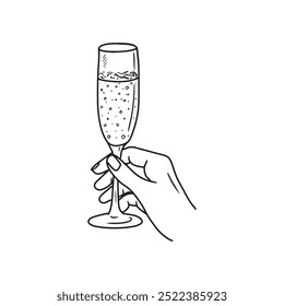 Beautiful hand holding glass with sparkling wine champagne in black isolated on white background. Hand drawn vector sketch illustration in doodle engraved vintage line art style. Holiday, toast.