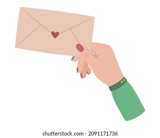 A beautiful hand holds a closed envelope. Vector illustration in a flat style. The hand passes the letter