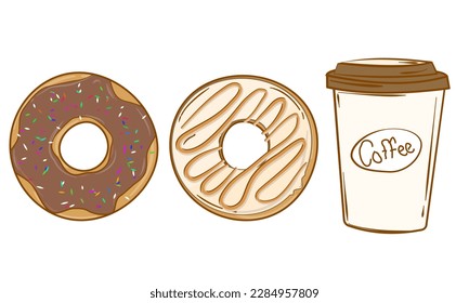 Beautiful hand illustration of a doughnut with a glass. Sketch style donuts coffee mug. A donut for your design.