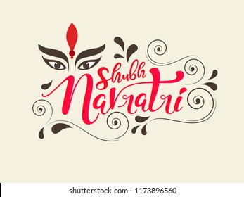 Beautiful Hand Lettering Text ”Shubh Navratri” with Floral Design and Maa Durga Face for Hindu Festival Navratri.