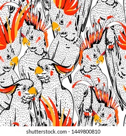 Beautiful hand line sketch  cockatoo birds doodle sketch mood summer vibes  seamless pattern in vector design for fashion,fabric,web,wallpaper and all prints on white background color