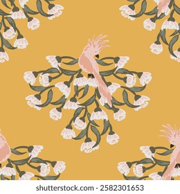 Beautiful hand painted cockatoo birds on eucalyptus flowers bunch in a color palette of pink, peach, green and white on yellow background. Pretty tropical seamless vector pattern. Great for home decor