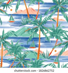 Beautiful Hand painted and drawn summer island palm tree ,ocean ,wave ans boat seamless pattern vector,Design for fashion , fabric, textile, wallpaper, cover, web , wrapping and all prints 