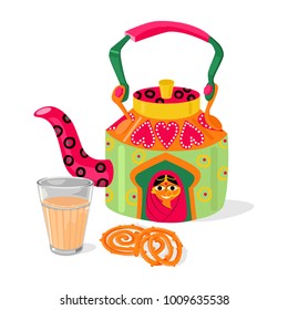 Beautiful hand painted indian kettle and glass of masala chai tea. Traditional deep frying street food sweets jalebi. Vector illustration
