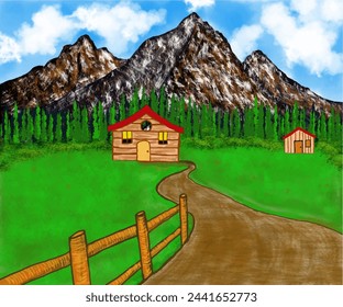 Beautiful hand painted nature drawing house with greenery, mountains for logo design