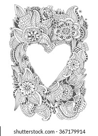 Beautiful hand painted tracery heart. Hand-drawn pattern in the form of heart. Coloring anti-stress, for adults and children