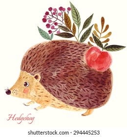 Beautiful hand painted vector illustration with adorable cute hedgehog in watercolor technique. Beautiful card.