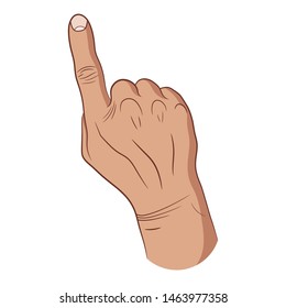 Beautiful hand presses the index finger to the touch screen. Hand drawing male brush on a white background. Element for design. Vector illustration