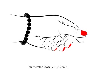 Beautiful hand with red nails and black beads line drawing isolated on white background - vector illustration