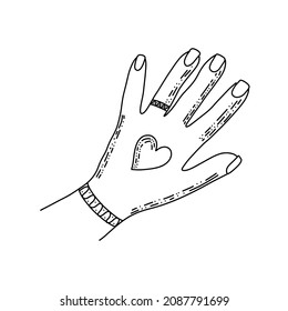 Beautiful hand with ring, bracelet and heart. Linear vector illustration. Concept for valentine day and wedding.