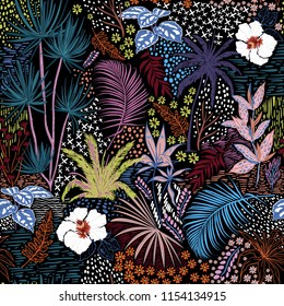 Beautiful hand sketch seamless tropical dark summer forest pattern with colorful palm trees,leaves,exotic wild and plants vector in hand drawn style,for fashion ,fabric and all print on black