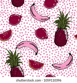 Beautiful hand sketch summer fruit lemon,pineapple,banana,seamless pattern vector layer on painting polka dots for fashion fabric and all prints on white background