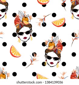 Beautiful hand sketch tropical havana women summer vibes with fresh fruit seamless pattern in vector on modern polka dots design for fashion,fabric,web,wallpaper and all prints in white background 