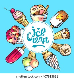 Beautiful hand vector hand drawn illustration homemade ice cream. Hand drawn ice cream.