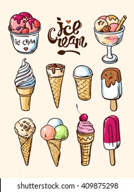 Beautiful hand vector hand drawn illustration homemade ice cream. Hand drawn icecream.